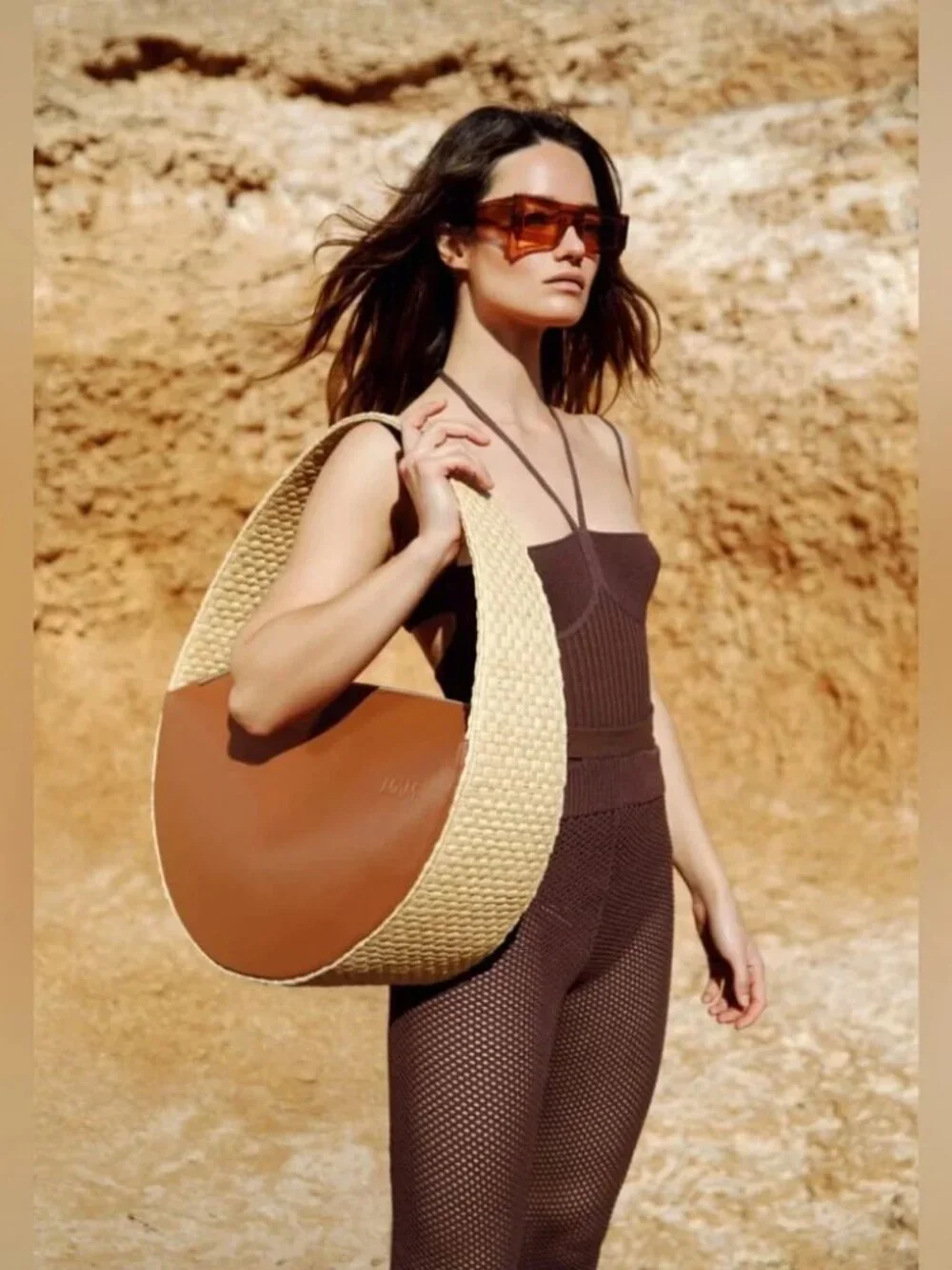 NWT Womens MAM Brown Natural Raffia Leather UF0 205 Large Round Shoulder Handbag